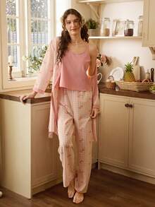 Tulorae 3pcs Colorblock Crinkle Fabric Bow Print Pajama Set For Women - Pink - View 8