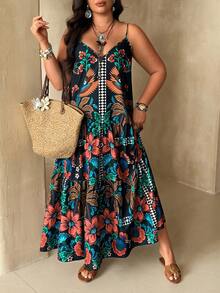 Ceyna Plus Size Vintage Black Floral Print V-Neck Sleeveless Tiered Hem Maxi Dress,Women's Summer Boho Beach Holiday Mexican Style Tropical Resort Wear - Multicolor - View 5