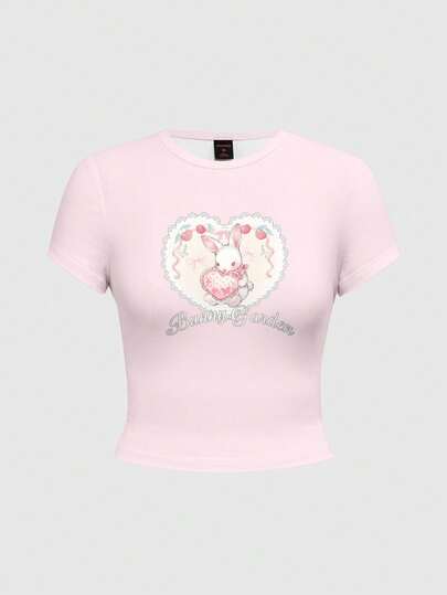 ROMWE Kawaii Rabbit Pink Bow Tie Cute School Pattern Print Plus Size Women T-Shirt