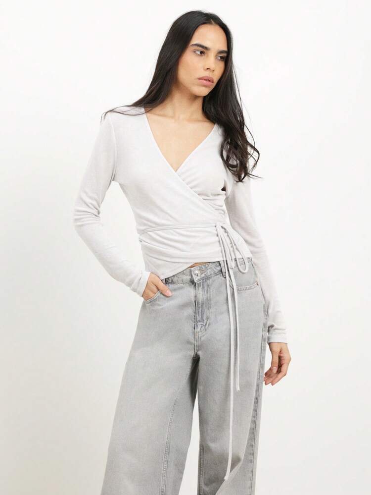 KSTM Women's Long Sleeve Wrap Front V Neck Tie Detail Casual Top With Cropped Silhouette For Fall Winter Layering