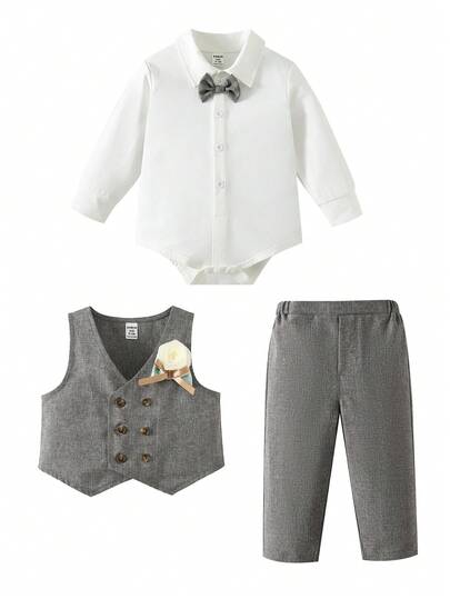 SHEIN 3pcs Newborn Baby Boy Gentleman Outfit Set: Casual Vest, Long Sleeve Shirt Romper, Casual Pants. Suitable For Birthday Party, Rave, Evening Party, Performance, Wedding, 1 Month Celebration, 1 Year Old Party, Wedding Guest, Baby Shower, Christening