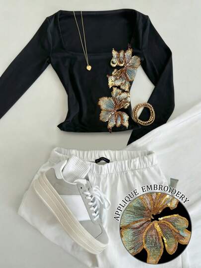 Glimmora Applique Flowers, Sequin Bead Embroidery For Heavy-Duty Fashion, Black Square-Neck Slim-Fitting Long-Sleeved T-Shirt, Suitable For Spring, Summer, Autumn, And Winter Seasons, Fashionable T-Shirt, Stylish T-Shirt, Suitable As A Gift For Siblings, Sisters, Mother's Day, Casual Minimalist Fashion Top