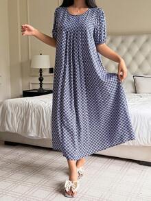 DAZY Floral Print Loose Short Sleeve Dress, Women Summer Sleepwear - Blue - View 4