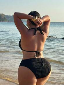 Swim SXY Traje de baño de 2 piezas para mujer talla grande, de unicolor, con escote halter y lazos, para playa y vacaciones - Negro - Ver 2