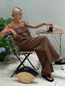 DAZY 2pcs/Set Women's Fashion Ruffled Crop Camisole Top And High Waist Tie Waist Wide Leg Casual Pants, Summer - Coffee Brown - View 4