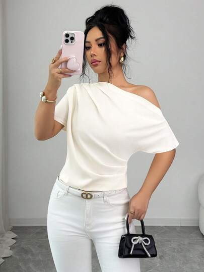 Elenzga Women's Asymmetric Ruched Drape Casual Blouse, Elegant Commuter Vacation Fashion Top, Versatile Short Sleeve Shirt In Apricot Color