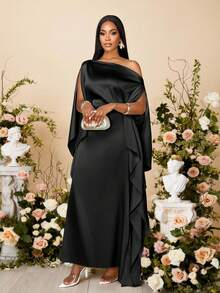 SOLERSUN Robe élégante et pour femmes, de couleur unie, avec col asymétrique, manches chauve-souris fluides et taille marquée. Idéale pour les mariages et les occasions formelles - Noir - Voir 3