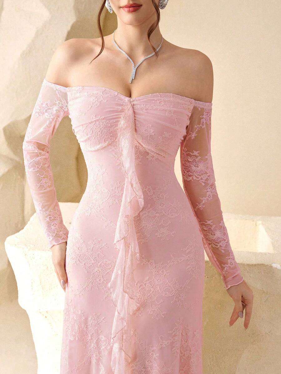Modelyn 杏色蕾丝露肩系带性感优雅中长连衣裙 - 淺粉色 - 查看 1