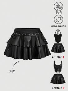SHEIN MOD 女款黑色PU抽繩綁結雙層蛋糕裙，哥德風荷葉邊迷你短裙，適合夏季、夜晚派對、節慶，哥德風超短裙 - 黑色 - 查看 3