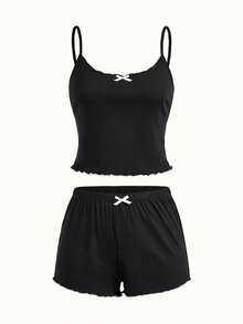 Bonmuse INS 简约紫色罗纹女士家居服，适合休闲装和睡衣 - 黑色 - 查看 1