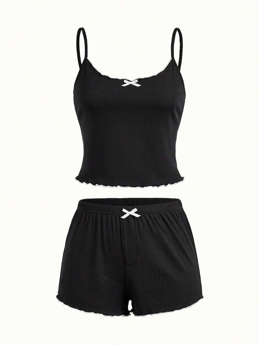 Bonmuse INS 简约紫色罗纹女士家居服，适合休闲装和睡衣 - 黑色 - 查看 1