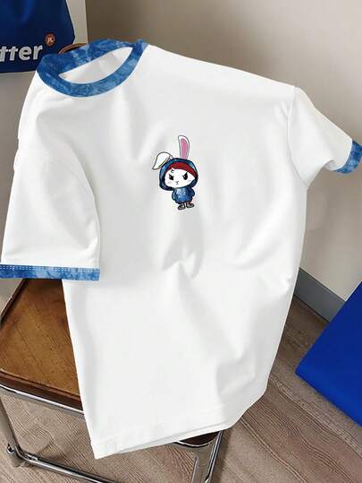 Manfinity Joysei 男女通用卡通兔子图案+清爽靛蓝印花撞色圆领T恤，休闲百搭圆领T恤
