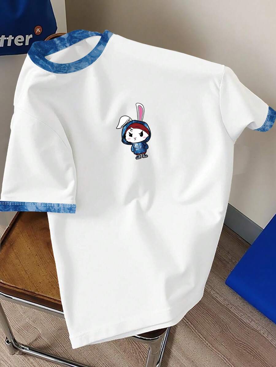 Manfinity Joysei Unisex Cartoon Rabbit + Refreshing Indigo Print Contrast Color Round Neck T-Shirt, Casual Versatile Round Neck T-Shirt - Multicolor - View 1