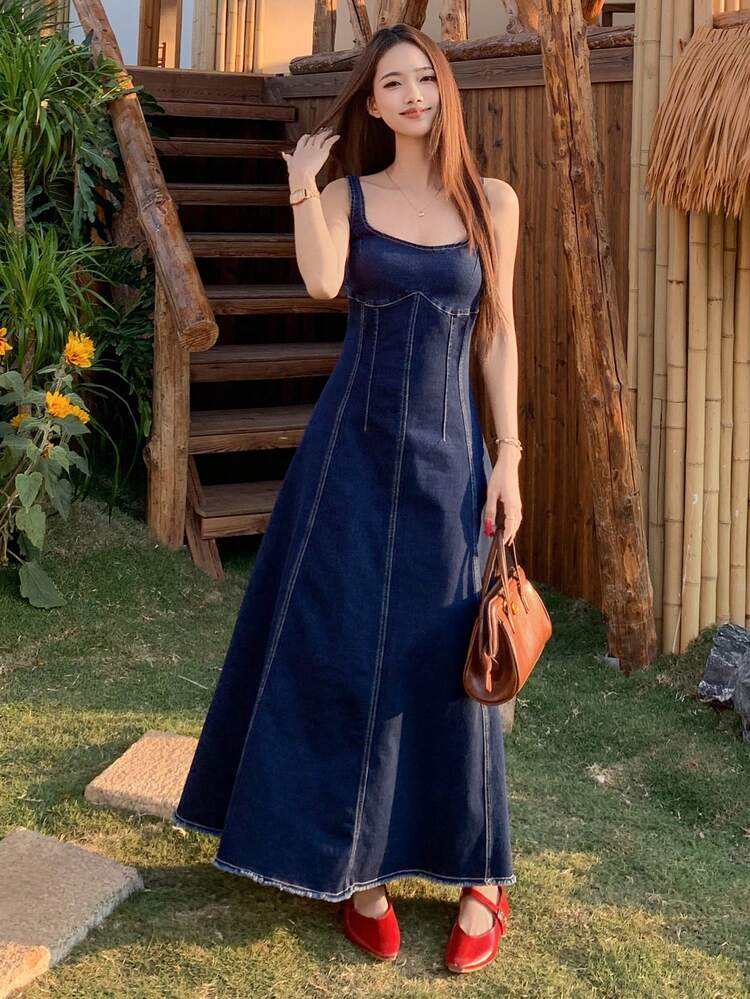 Women's Casual Ruffle Trim Vintage Washed Denim Dress