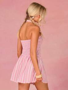 Athîral Women's Vacation Casual Pink Striped Backless Halter Mini Dress, Summer Dress,Picnic Dress, Pink Vacation Dress,Cute Dress,Outdoor Wear - Pink - View 2