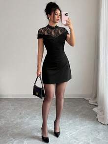 Ellevyn Women's Elegant Lace Patchwork Mini Dress, Summer - Black - View 6