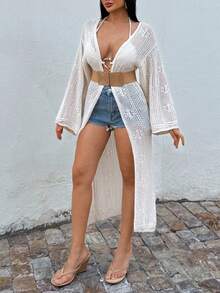 EURMUSE Hollow Out Beachwear Cover Up Kimono - Apricot - View 4
