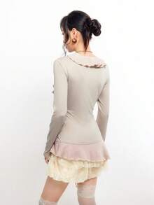 Bloopia 荷叶边领衬衫，不对称拼接长袖上衣，Y2K风格 - 卡其色 - 查看 2