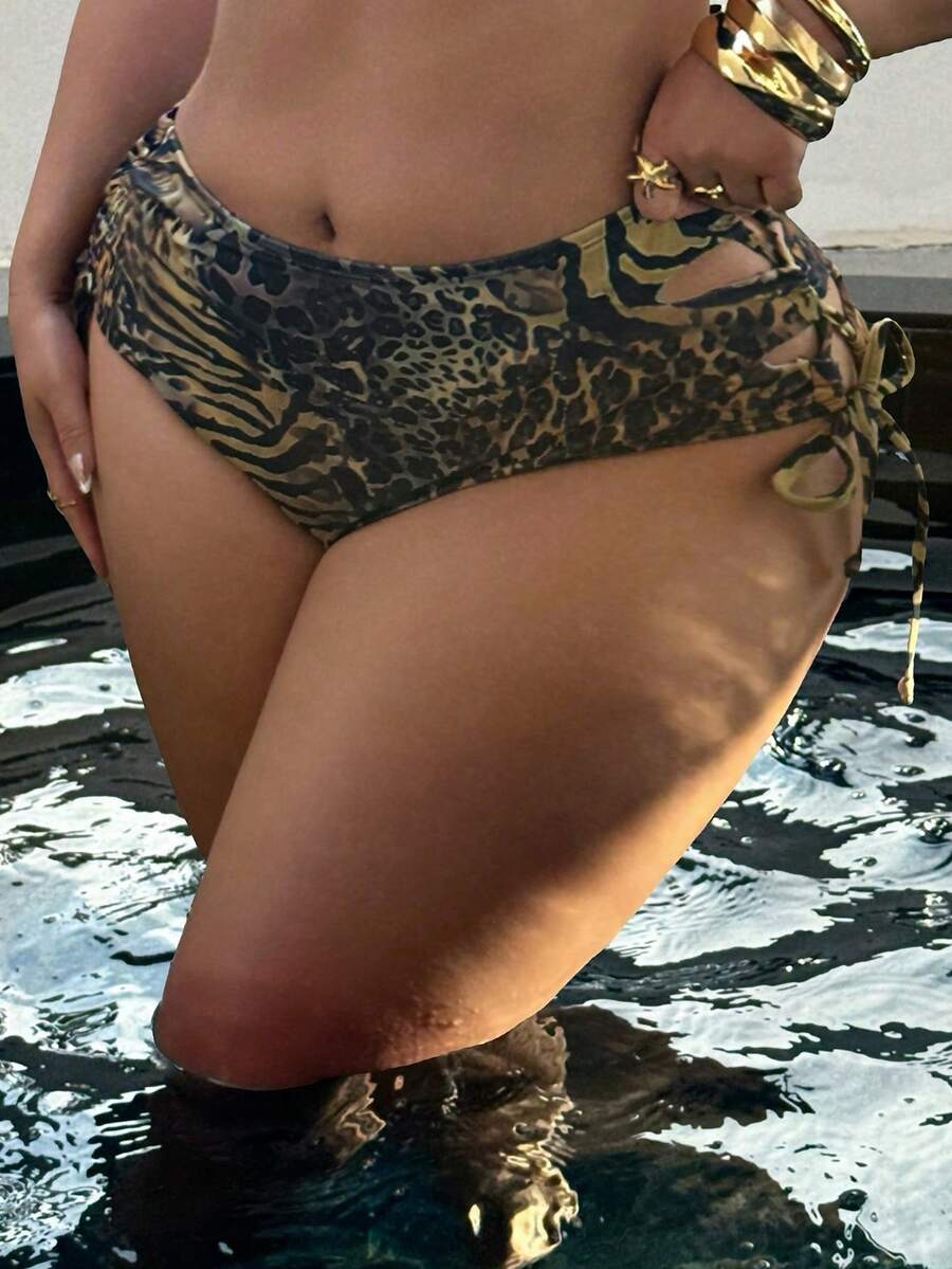 Swim SXY Plus Size Knitted Leopard Print Tie Side Bikini Bottoms With  Details Short Length Multicolor Swimwear - Multicolor - View 1