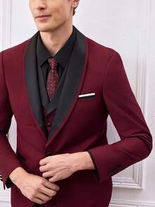 Officeau SuitGent 三件套男士高品质商务西装，撞色新郎婚礼礼服，修身休闲西装外套和裤子套装，春季礼服套装 - 酒紅色 - 查看 14