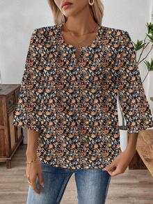 EMERY ROSE Áo sơ mi nữ cỡ lớn tay lửng cổ chữ V in họa tiết hoa lãng mạn kiểu vintage mùa xuân/hè, thích hợp làm áo công sở, áo mùa hè hoặc áo đi nghỉ mát. - Nhiều màu - Xem 3