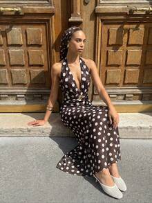 Lumalex 女士波点深V领露背性感连衣裙 - Bold Plum - 查看 3