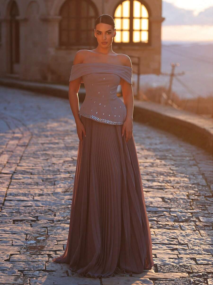 Aureia Elegant Light Gray-Purple Off Shoulder Neckline Pleated Unique Special Design Hem Luxurious 3D Embroidered Faux Pearl Super Large Chiffon A-Line Dress, Suitable For Dates, Vacations, Singles Parties, Weddings, Women's Evening Gown - Dusty Purple - View 1