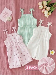 SHEIN 3件装女宝宝夏季套装，可爱碎花格纹蝴蝶结连体衣，无袖连身裤，柔软透气，短裤套装，适合女宝宝度假海滩休闲穿着。 - 彩色 - 查看 1