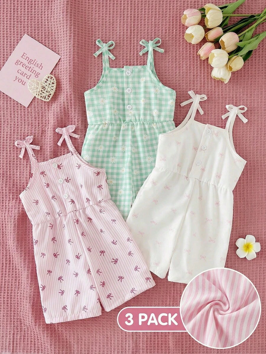 SHEIN 3件装女宝宝夏季套装,可爱碎花格纹蝴蝶结连体衣,无袖连身裤,柔软透气,短裤套装,适合女宝宝度假海滩休闲穿着。 - 彩色 - 查看 1