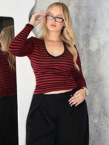 Arliah 女式秋季四季垃圾摇滚日常外出装灰色和黑色条纹针织V领长袖T恤 - 紅色 - 查看 4