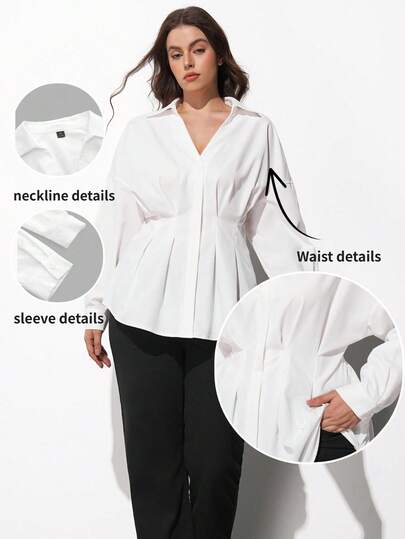 Maija Plus Size 2026 New Early Spring Colorblock Long Sleeve V-Neck Design Waist Cinched Women Shirt, Suitable For Modern Urban Party, Back To School Season, Casual Minimalist Fashion For Daily, Bohemian Style, Vacation, Holiday, Spring  St Patrick's Day Women Easter Summer Outfits Easter Dress Women Party Top Beach Dress Summer Holiday Outfits Each Vacation Outfits For Women  Summer Outfit For Women Going Out Outfits Graduation Graduation Outfit  Casual Dresses  Casual Blouses For Women