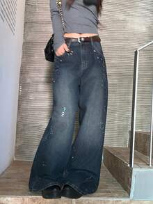 DAZY 女士水钻装饰复古喇叭牛仔裤，复古少女风 - 藍色 - 查看 5