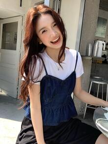 DAZY Women's Spaghetti Strap Denim Top With Ruffle Trim - Blue - View 7