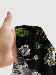 ROMWE Avant Music Festival New Chinese Style Dark Punk Tiger Head Geisha Slogan Chrysanthemum Plant Calligraphy Rose Sexy Camisole And Low Waist Flared Pants 2 Pieces Set For Women - Black - View 9