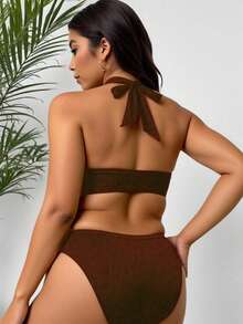 Swim SXY Plus Size Women's Solid Color Vacation Bikini Top - Coffee Brown - View 2