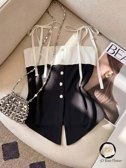 GlowEve Camizolă tricotată cu trandafiri 3D în stil francez, sosire nouă, primăvară/vară, maiou scurt cu design color block pentru femei