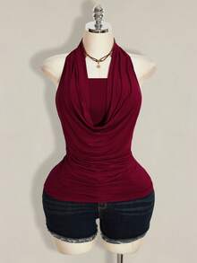SHEIN ICON Plus Size 2pcs Western Women Going Out Summer Boho Halter Neck Brown Backless Women Tank Tops & Camis - Burgundy - View 4