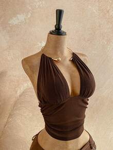 Soleia New Metallic Accent Knit Halter Neck Top, Suitable For Holiday, Date, Afternoon Tea, Beach, Cruise, Road Trip, Music Festival, Boho Vacation - Brown - View 6