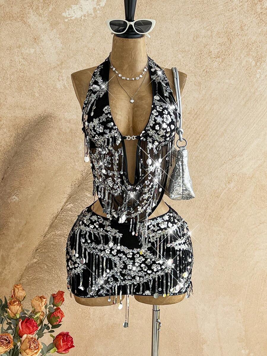 Soleia Bộ 2 món gồm áo yếm và chân váy ngắn đính sequin lấp lánh, thích hợp cho các lễ hội âm nhạc, tiệc tùng, Tết Nguyên đán, hội nghị thường niên, Giáng sinh, Halloween. - màu đen - Xem 1