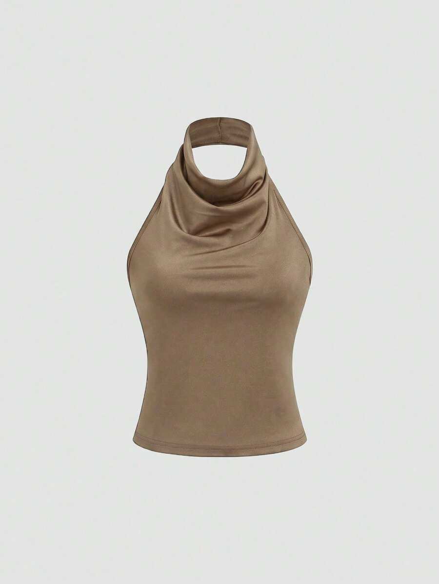 Sweetra High Neck Halter Elegant Basic Tank Top With Elastic Adjustable Crisscross Back - Khaki - View 1