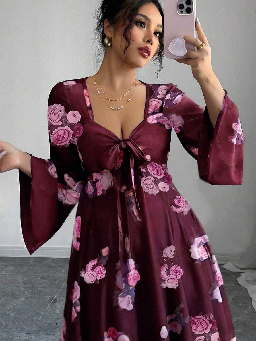 Elenzga Đầm đi nghỉ mát thời trang thanh lịch dành cho nữ, họa tiết hoa hồng, cổ tim, xoắn phía trước, vạt áo xếp ly bất đối xứng, tay áo loe bằng vải lưới co giãn. - Nhiều màu - Xem 1