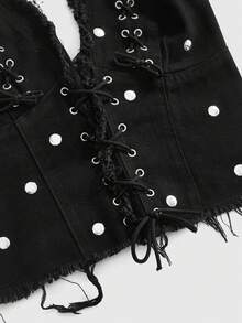 ROMWE Grunge Punk Áo crop top denim bó sát kiểu punk cổ yếm gợi cảm phong cách Y2K với đinh tán và khoen kim loại - màu đen - Xem 3