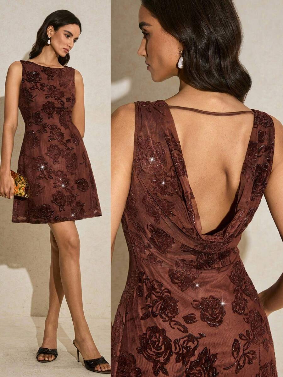 Poéselle 女士印花露背垂褶领无袖时尚迷你连衣裙 - 棕色 - 查看 1