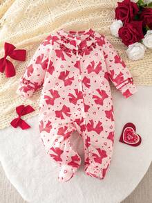 SHEIN Dozemod Kids Newborn Baby Girl Minimalist Bow Pattern Round Neck Long Sleeve Zipper Front Knit Jumpsuit Pajamas - Pink - View 5