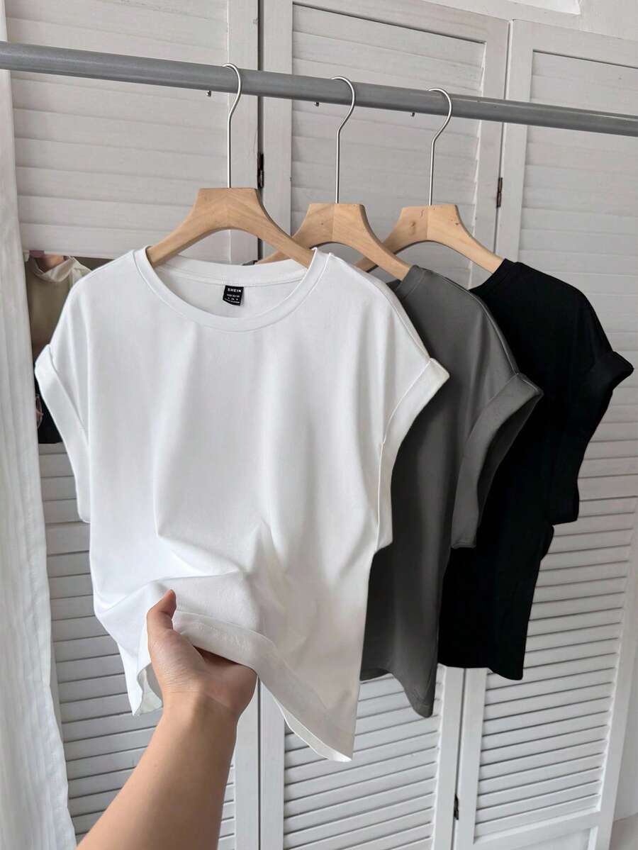 SHEIN LUNE Bộ 3 áo thun ngắn tay đơn giản màu trơn dành cho nữ, kiểu dáng thường ngày. - Nhiều màu - Xem 1