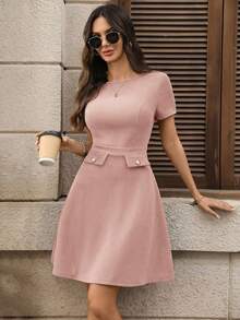 EMERY ROSE Women's Elegant Solid Color Waist Cinched Short Dress, Summer Pink Women Dresses Casual - Dusty Pink - View 9
