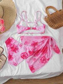 SHEIN 少女夏季柔软印花三件套泳衣，适合海滩、度假村、夏威夷度假、休闲、时尚、百搭、派对、户外、姐妹合照、公园、露营、假日、日常休闲等场合。 - 粉色 - 查看 2