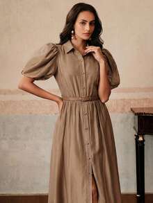 Anewsta Ny brun elegant damklänning med volangkant och åtsittande midja, perfekt för semester och dejter. - Kaki - Visa 4