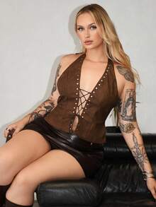 Arliah 女士时尚性感交叉露背吊带上衣 - 棕色 - 查看 1