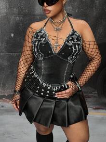 ROMWE Plus Size Gothic Cross Design Milenium Denim Halter Neck Backless Tank Top - Black - View 6